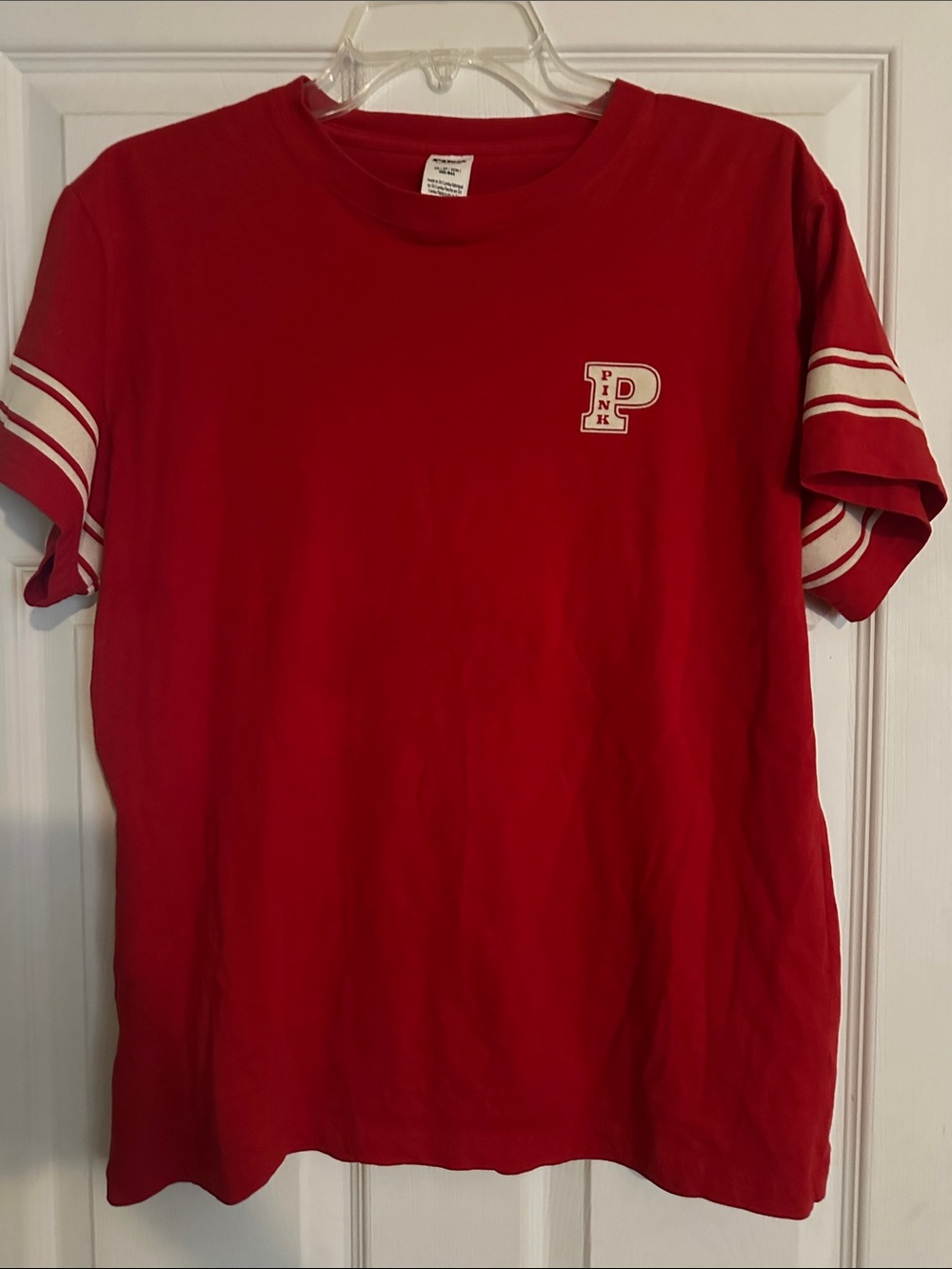 PINK Victoria's Secret Red Short Sleeve Varsity Stripe Tee